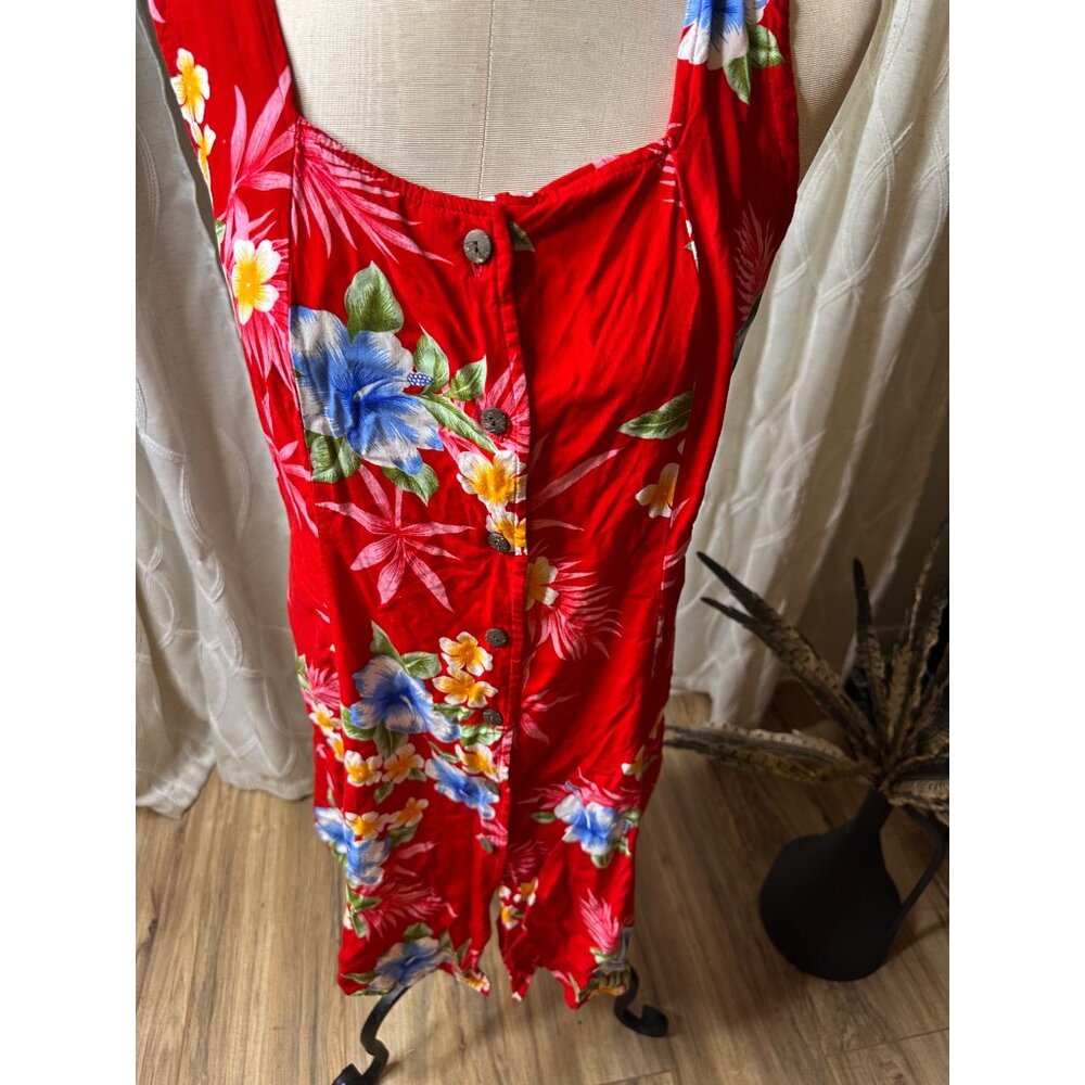 VTG Tiki Palm Hawaiian-Style Floral Rayon Button-Down adjustable Sundress XL